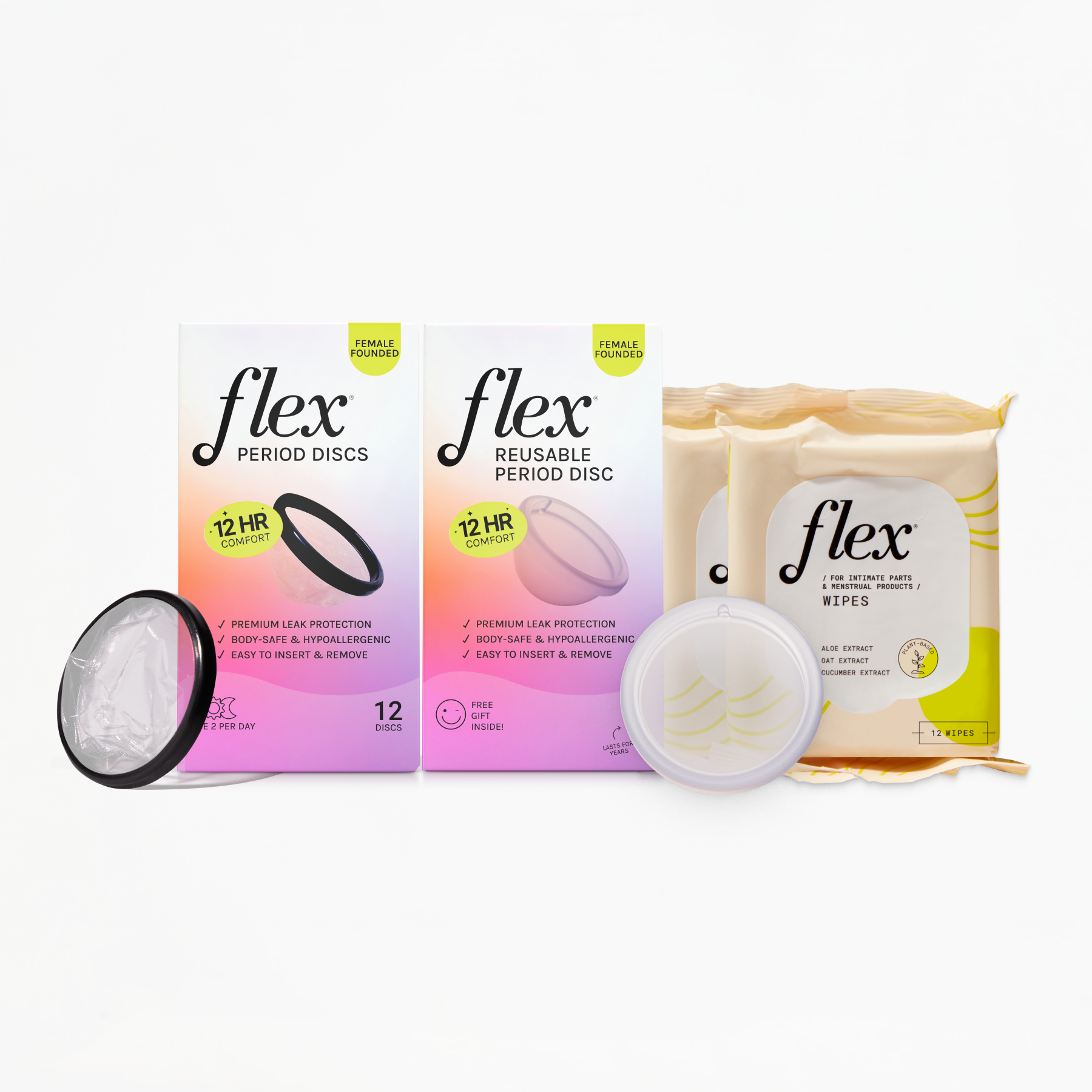 Flex Period Kit with a disposable and a reusable menstrual disc plus wipes