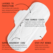Ultra-thin menstrual pad with bamboo cover, absorbent core, and stay-put wings highlighted with text callouts